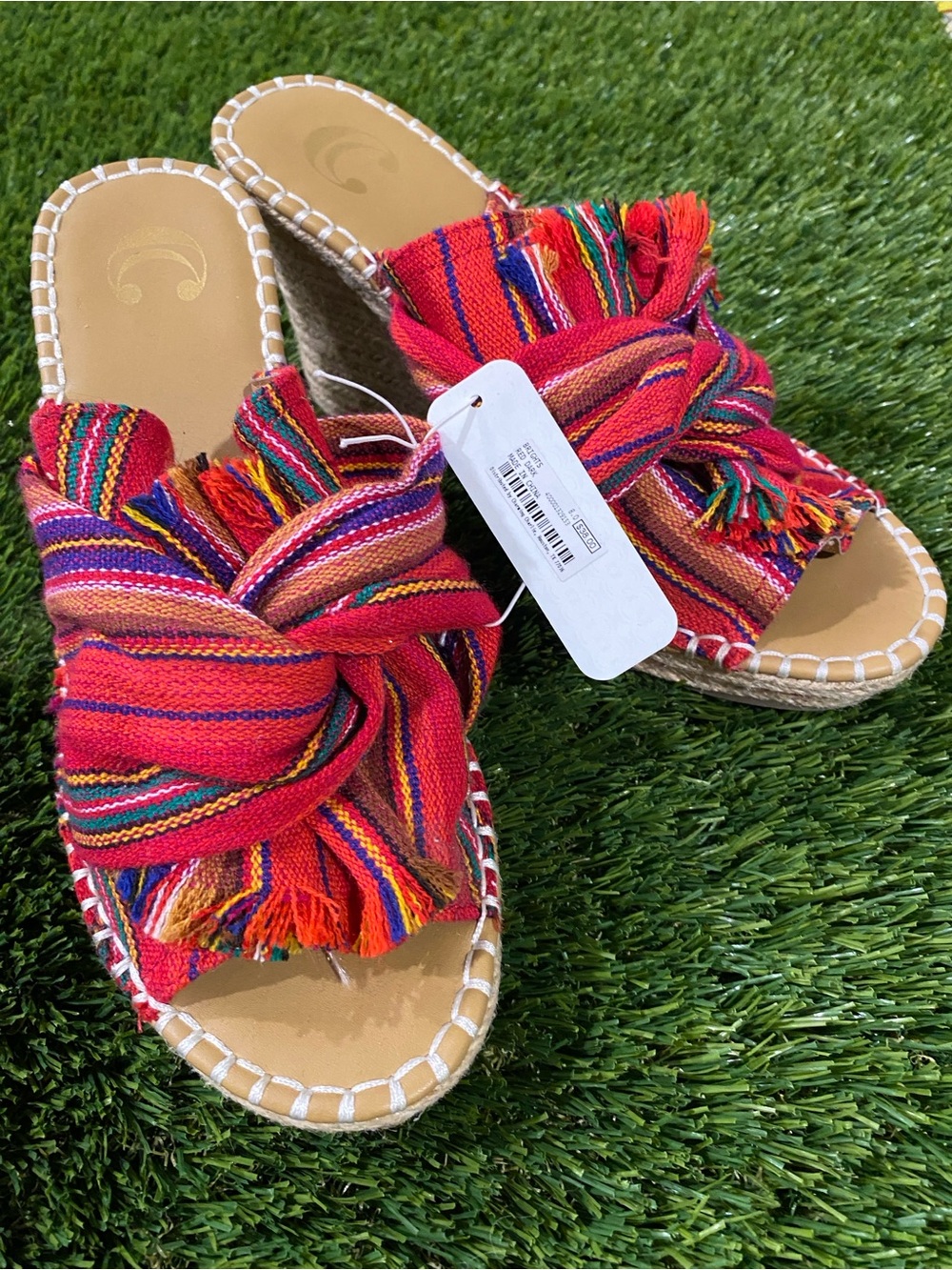 Charming Charlie Women's Multicolor Striped Fringe Wedge Slide Slip-On Sandals 8
